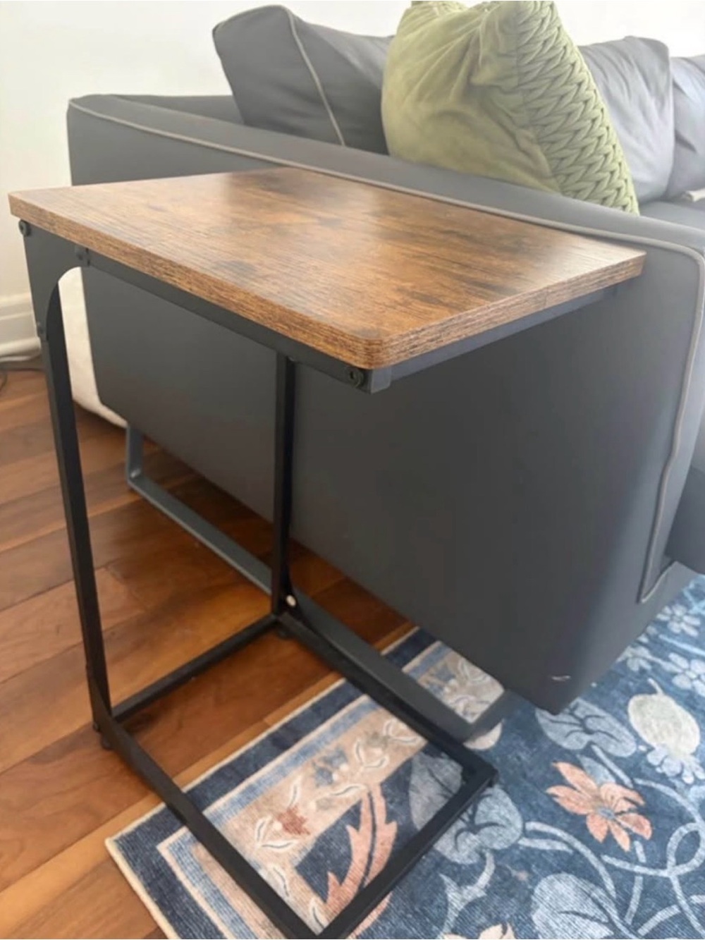 C-Shaped Wood Top Side Table with Black Metal Base